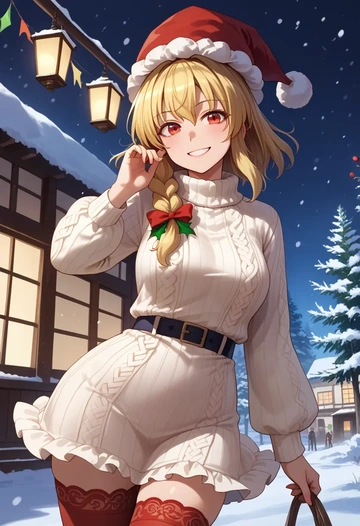 touhou,ibuki_suika,Christmas,sweater dress,stockings  - AI generated anime art