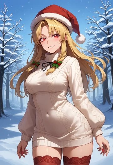 touhou,ibuki_suika,Christmas,sweater dress,stockings  - AI generated anime art