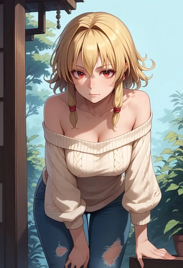 touhou,ibuki_suika,sweater,off-shoulder,ripped jeans  - AI generated anime art