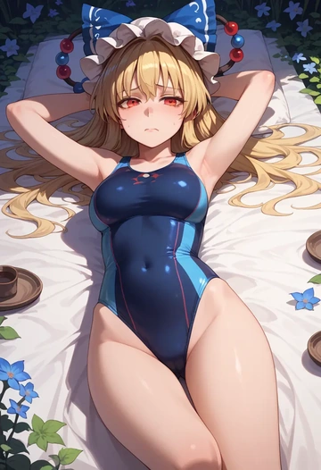 touhou,ibuki_suika,racerback swimsuit,striped trim,name tag patch  - AI generated anime art