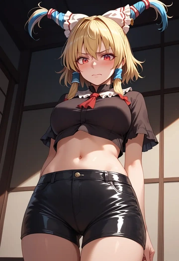 touhou,ibuki_suika,leather,shorts,crop top  - AI generated anime art