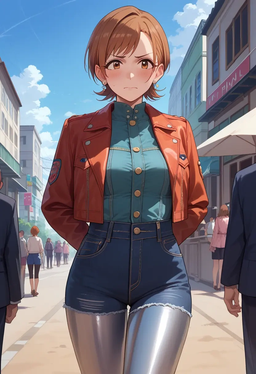 idolmaster,ichihara_nina,denim jacket,cropped,leather leggings  - 