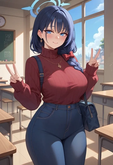 blue_archive,ichika_(blue_archive),teacher, sweater, jeans shorts  - AI generated anime art