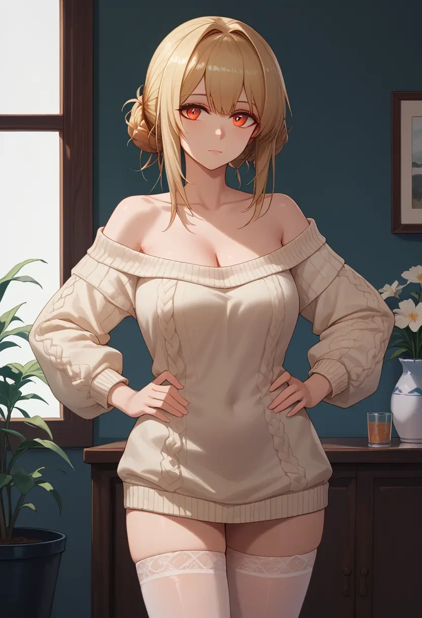 arknights,ifrit_(arknights),Hands on hips,off-shoulder,sweater,stockings  - 