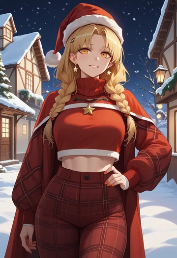 arknights,ifrit_(arknights),Christmas,plaid trousers  - AI generated anime art