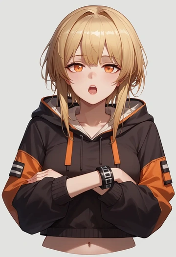 arknights,ifrit_(arknights),hoodie,cropped,high-waisted joggers  - AI generated anime art