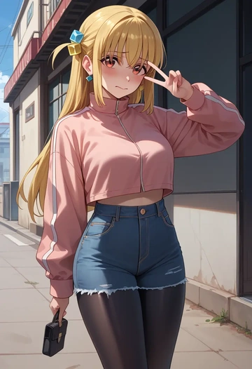 bocchi_the_rock!,ijichi_nijika,denim jacket,cropped,leather leggings  - AI generated anime art