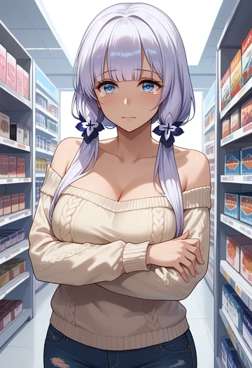 azur_lane,illustrious_(azur_lane),sweater,off-shoulder,ripped jeans  - AI generated anime art