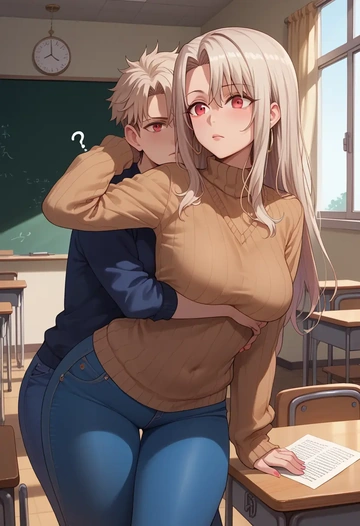 fate_(series),illyasviel_von_einzbern,teacher, sweater, jeans shorts  - AI generated anime art