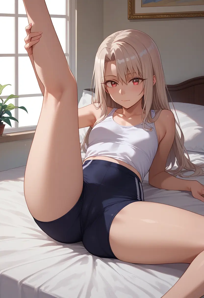 fate_(series),illyasviel_von_einzbern,yoga shorts,spread legs,sexy,one leg up  - 