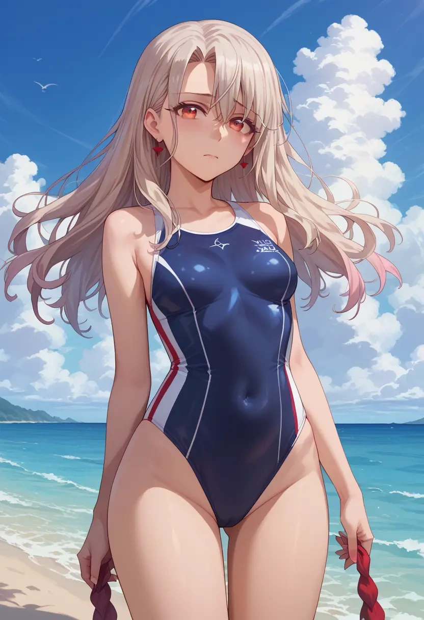 fate_(series),illyasviel_von_einzbern,racerback swimsuit,striped trim,name tag patch  - 