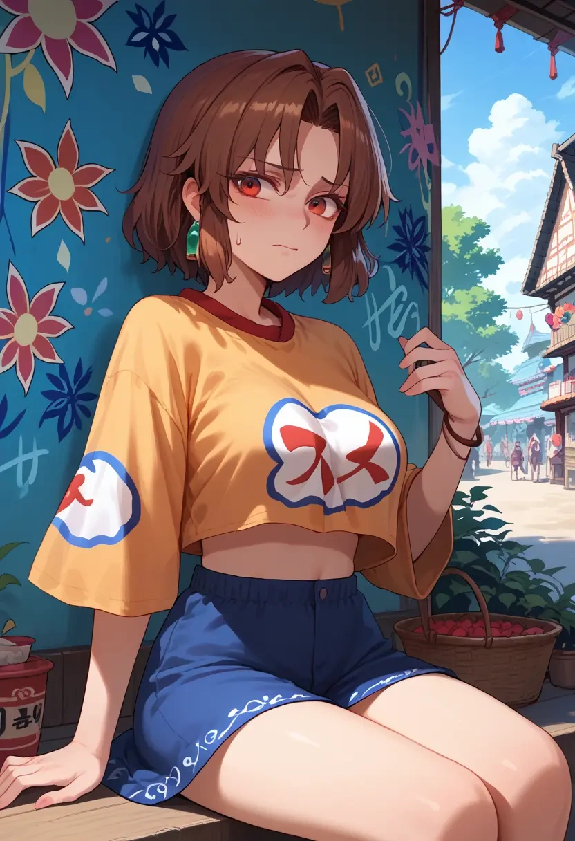 touhou,imaizumi_kagerou,cropped graffiti sweatshirt,dolphin shorts  - 