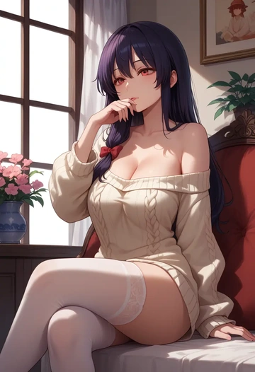 touhou,inaba_tewi,cross-legged,Head resting on hand,off-shoulder,sweater  - AI generated anime art