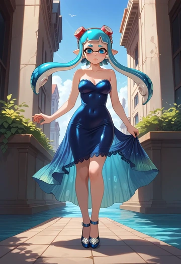 splatoon_(series),inkling,gown,strapless,mermaid silhouette  - AI generated anime art