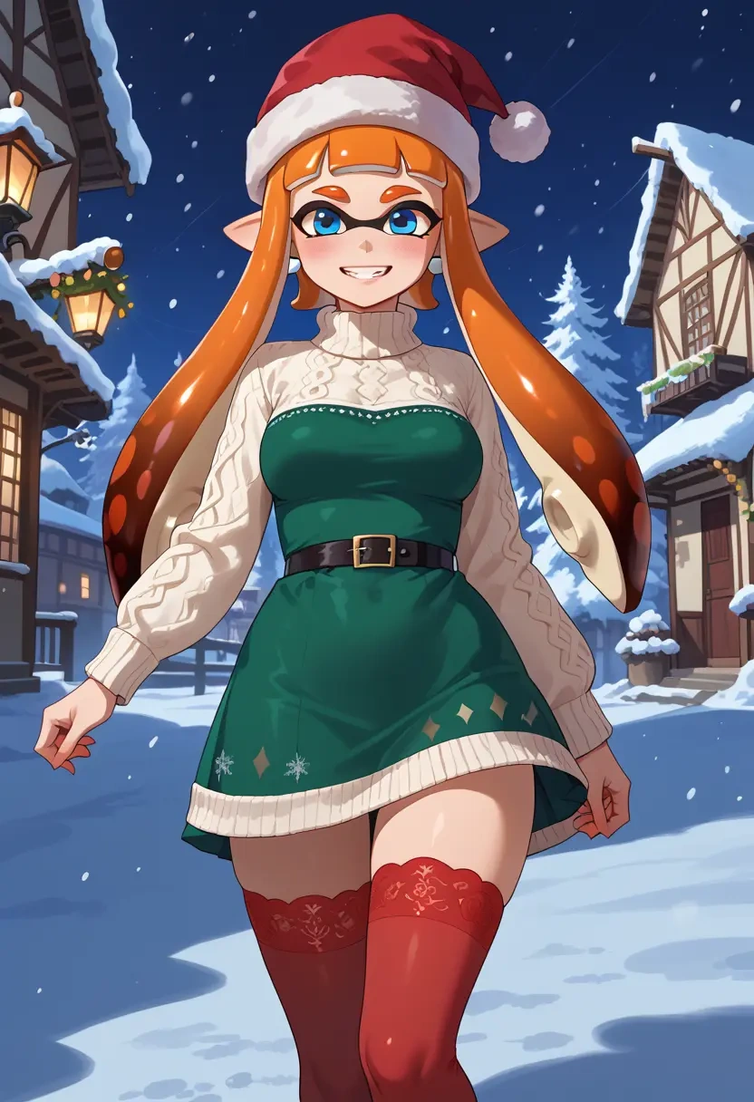 splatoon_(series),inkling_girl,Christmas,sweater dress,stockings  - 