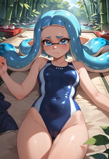 splatoon_(series),inkling_girl,racerback swimsuit,striped trim,name tag patch  - AI generated anime art