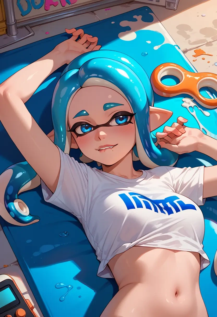 splatoon_(series),inkling_girl,crop graffiti tee,dolphin shorts  - 