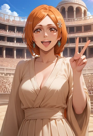 bleach,inoue_orihime,mesh graffiti top,dolphin shorts  - AI generated anime art