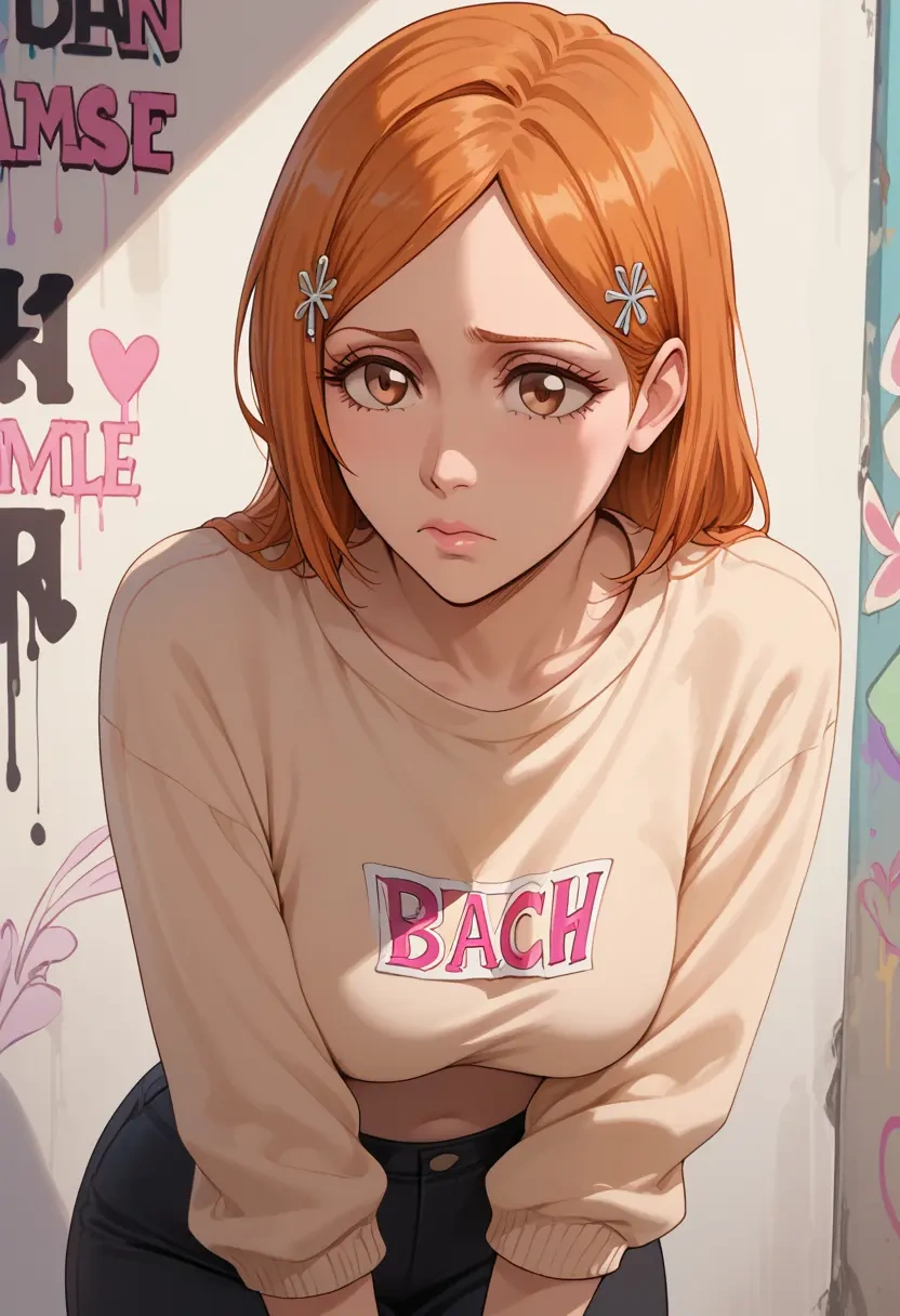 bleach,inoue_orihime,cropped graffiti sweatshirt,dolphin shorts  - 