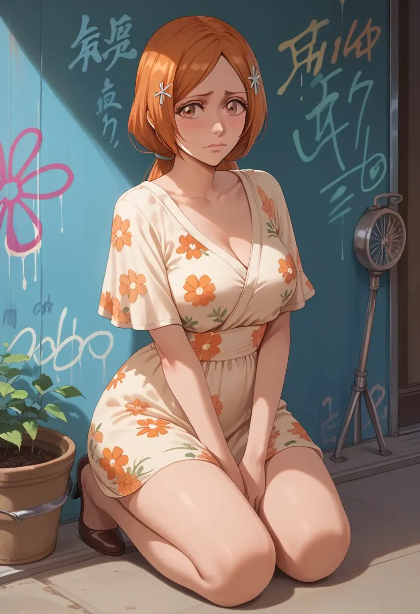 bleach,inoue_orihime,floral graffiti blouse,dolphin shorts  - 