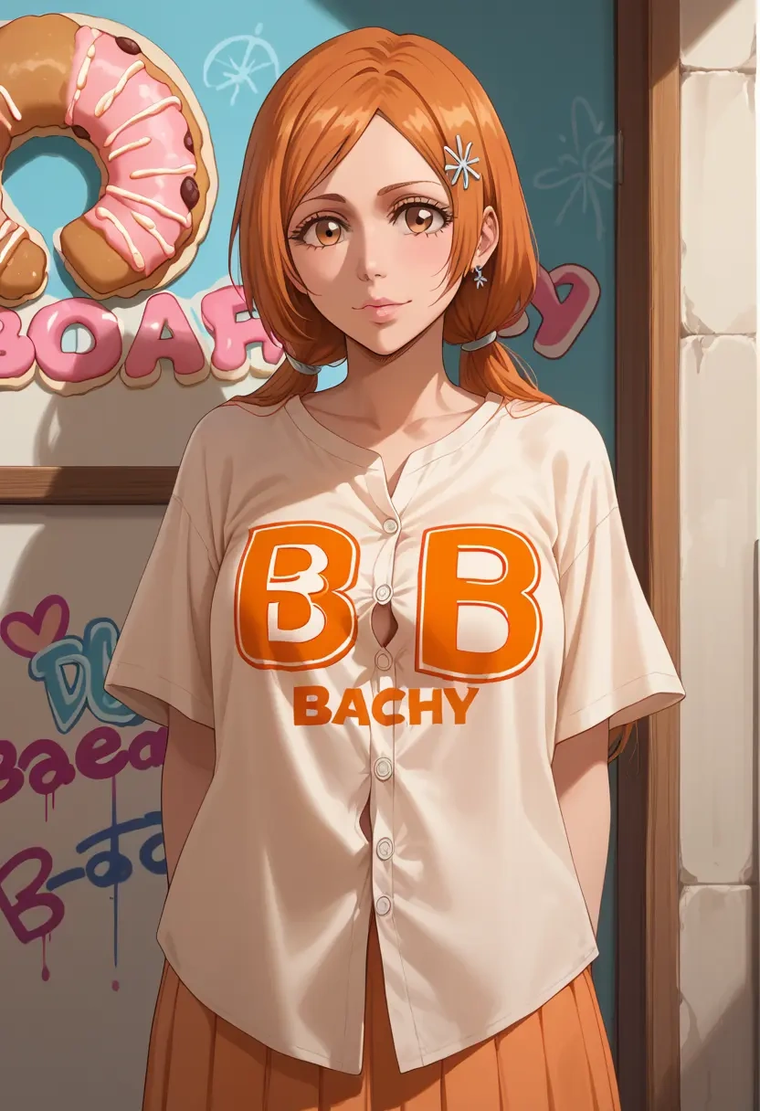 bleach,inoue_orihime,oversized graffiti shirt,dolphin shorts  - 