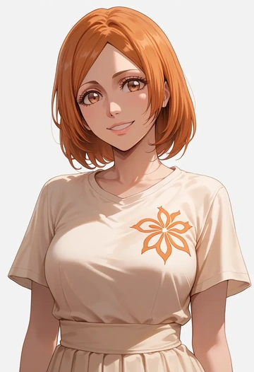 bleach,inoue_orihime,calligraphy print shirt,dolphin shorts  - AI generated anime art