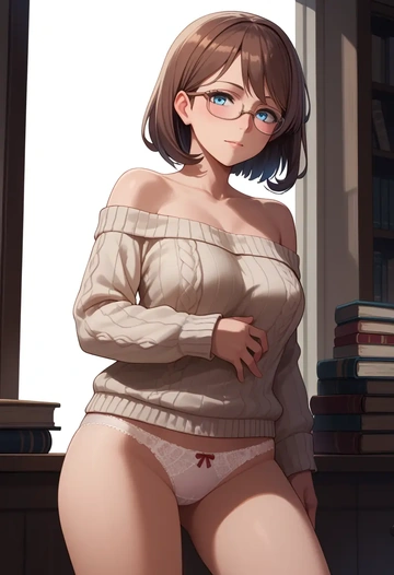 kantai_collection,intrepid_(kancolle),off-shoulder,panties,glasses,sweater  - AI generated anime art