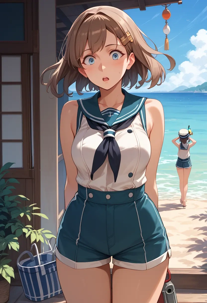 kantai_collection,intrepid_(kancolle),sleeveless swim top,shorts-style bottom,contrast stitching  - 