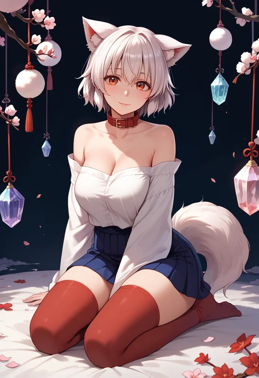 touhou,inubashiri_momiji,collar,oversized,Thigh garters  - 