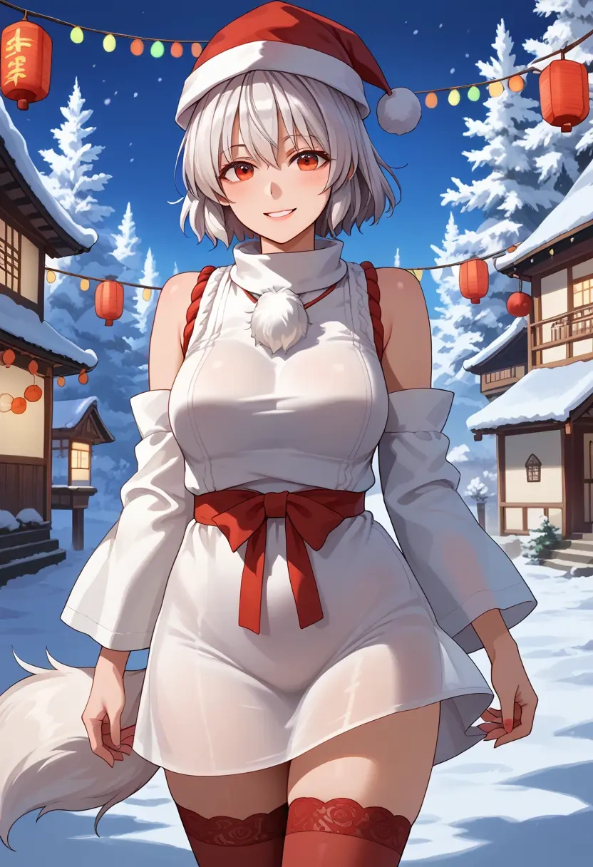 touhou,inubashiri_momiji,Christmas,sweater dress,stockings  - 