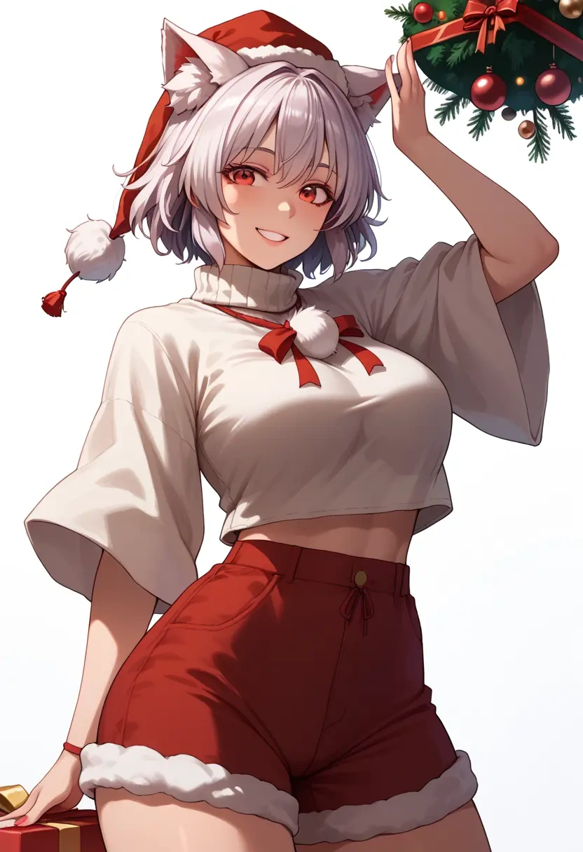 touhou,inubashiri_momiji,Christmas,red velvet shorts,turtleneck sweater  - 