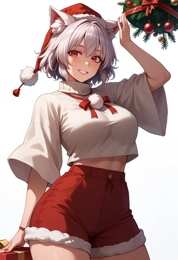 touhou,inubashiri_momiji,Christmas,red velvet shorts,turtleneck sweater  - AI generated anime art