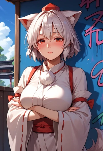 touhou,inubashiri_momiji,neon graffiti top,dolphin shorts  - AI generated anime art