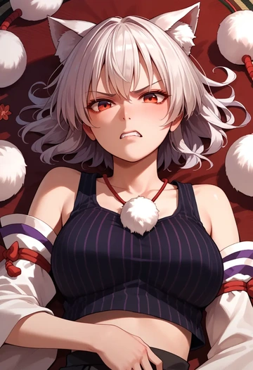 touhou,inubashiri_momiji,long-sleeve striped tee,pleated skirt,fishnet stockings  - AI generated anime art