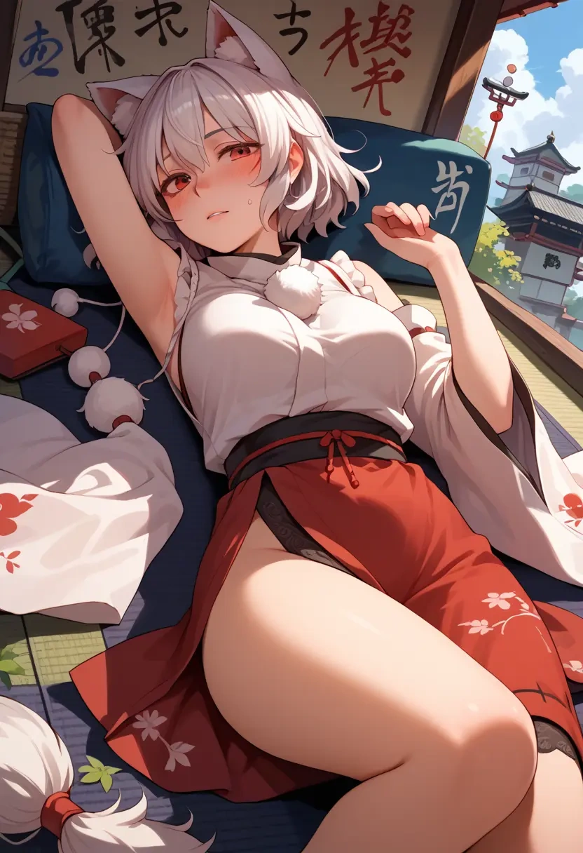 touhou,inubashiri_momiji,patchwork graffiti top,dolphin shorts  - 