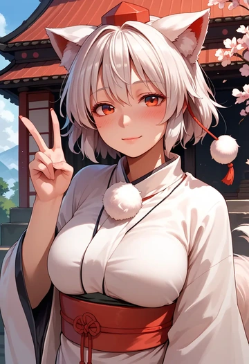 touhou,inubashiri_momiji,tube top,jogger shorts  - AI generated anime art