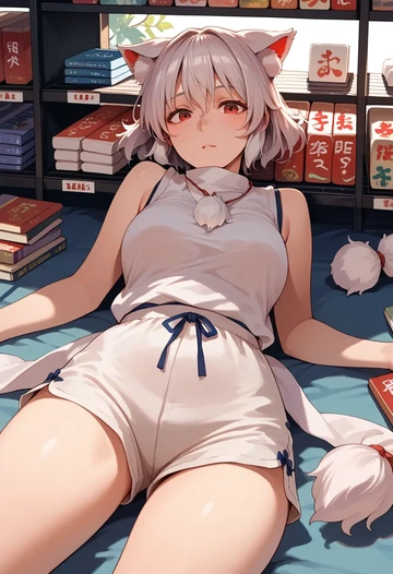 touhou,inubashiri_momiji,sleeveless swim top,shorts-style bottom,contrast stitching  - AI generated anime art