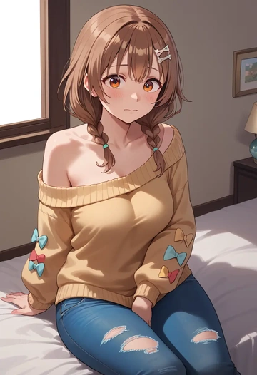 hololive,inugami_korone_(1st_costume),sweater,off-shoulder,ripped jeans  - AI generated anime art