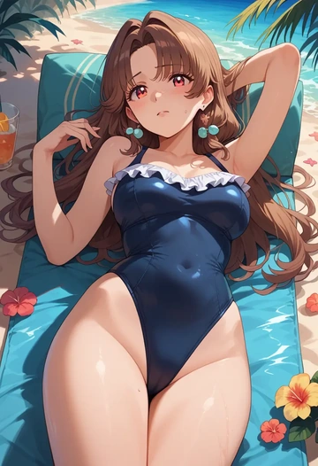 nijisanji,inui_toko,retro style swimsuit,frilled neckline,bow detail  - AI generated anime art