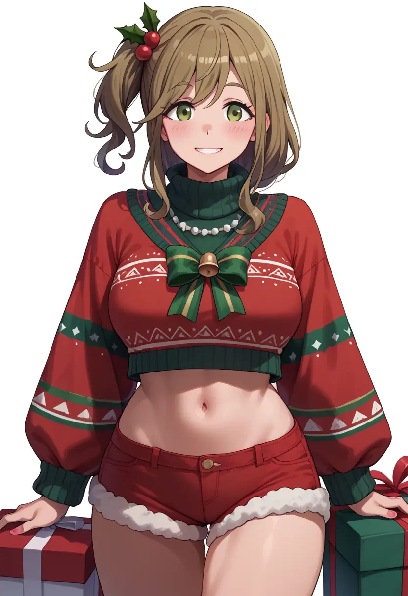 yurucamp,inuyama_aoi,Christmas,red velvet shorts,turtleneck sweater  - 