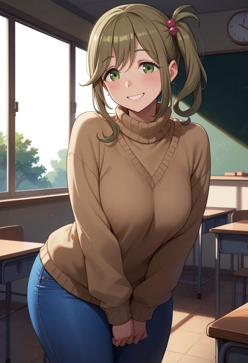 yurucamp,inuyama_aoi,teacher, sweater, jeans shorts  - 