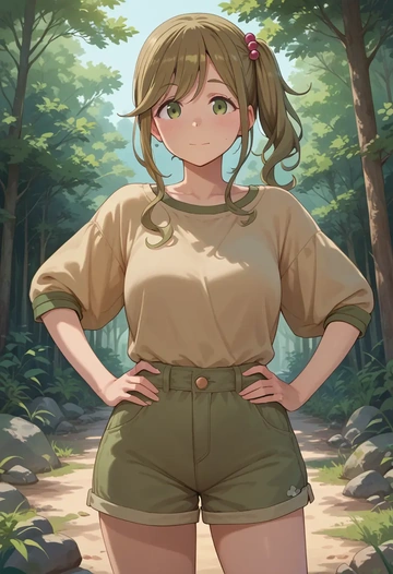 yurucamp,inuyama_aoi,graphic tee,shorts,sneakers  - AI generated anime art