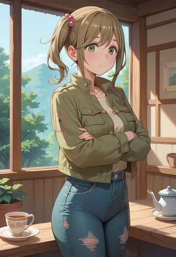 yurucamp,inuyama_aoi,denim jacket,cropped,leather leggings  - AI generated anime art