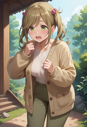 yurucamp,inuyama_aoi,cardigan,oversized,wide-leg pants  - AI generated anime art