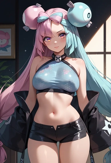 pokemon,iono_(pokemon),leather,shorts,crop top  - AI generated anime art