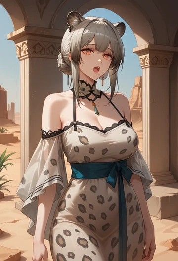 arknights,irene_(arknights),leopard print,silk slip dress  - AI generated anime art