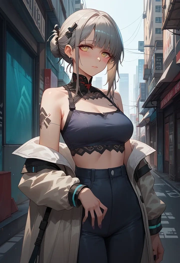 arknights,irene_(arknights),mesh graffiti top,dolphin shorts  - AI generated anime art