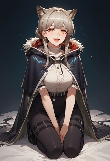 arknights,irene_(arknights),cape,hooded,leather pants  - AI generated anime art