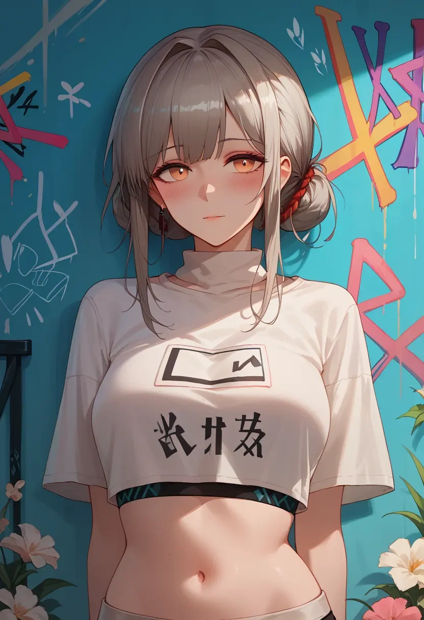 arknights,irene_(arknights),cropped graffiti sweatshirt,dolphin shorts  - 