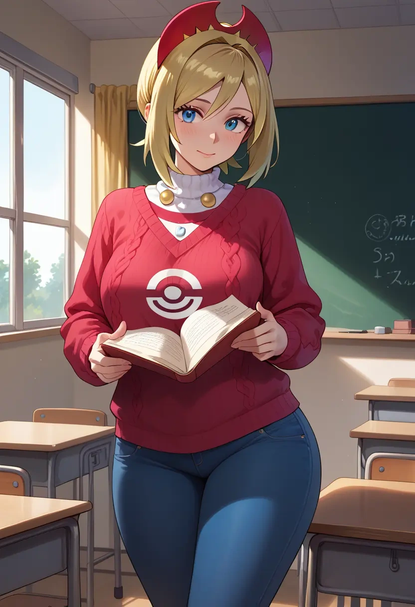 pokemon,irida_(pokemon),teacher, sweater, jeans shorts  - 